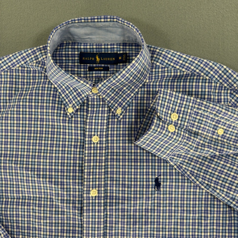 Ralph Lauren Mens Blue White‎ Gingham Non-Iron Cotton Button Down Shirt Size M